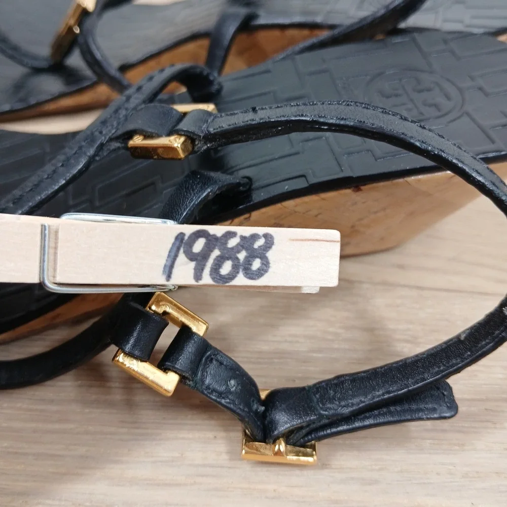 Tory Burch Sandals Women's 8.5 Black Leather Wedge Cork T Strap Thong Summer